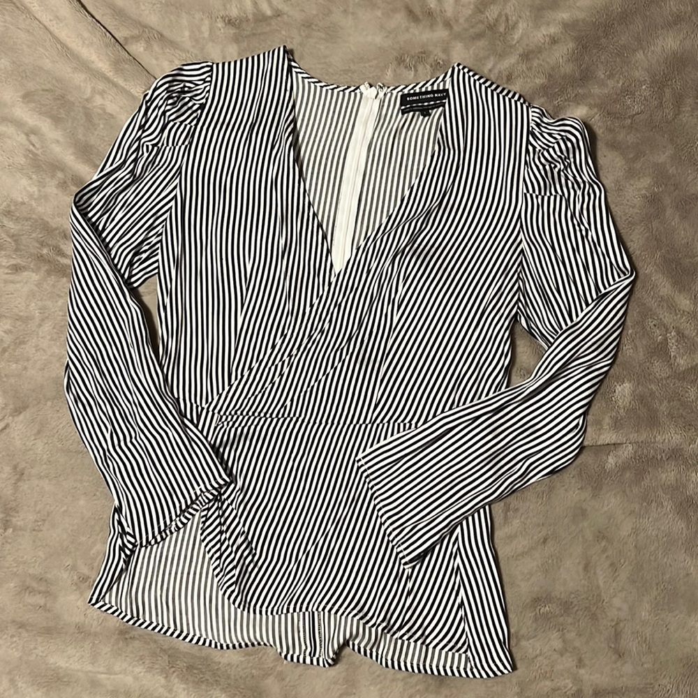 Something Navy black and white striped blouse